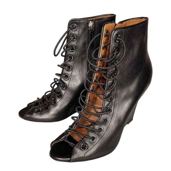 Givenchy Black Leather Lace Up Peep Toe Bondage Wedge Booties - 37.5 - Picture 4 of 10